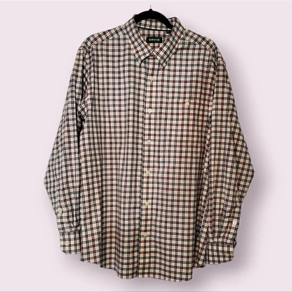 Orvis Button Down Long Sleeve Shirt w/ Front Pocket Men's Large Ivory Base Plaid